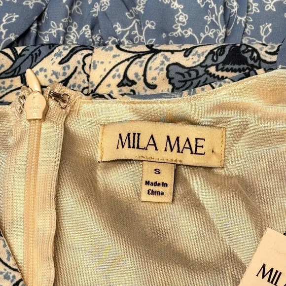 NWT Mila Mae Blue White Dual Floral Print Flowy Ruffle Hem Sweetheart Neck SZ S - Picture 5 of 10